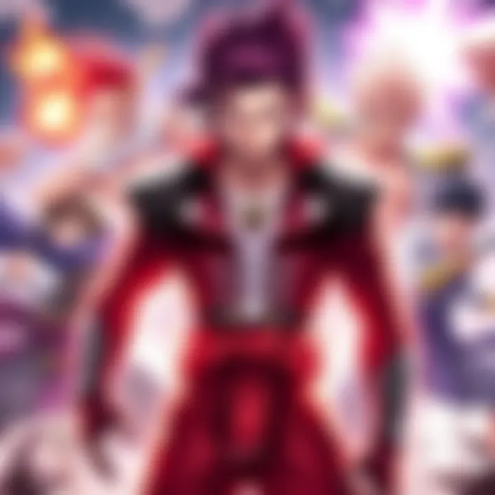 Diavolo stands confidently with a serious expression, facing Jujutsu Kaisen characters in a dynamic battle scene, showcasing their powers and abilities in action.