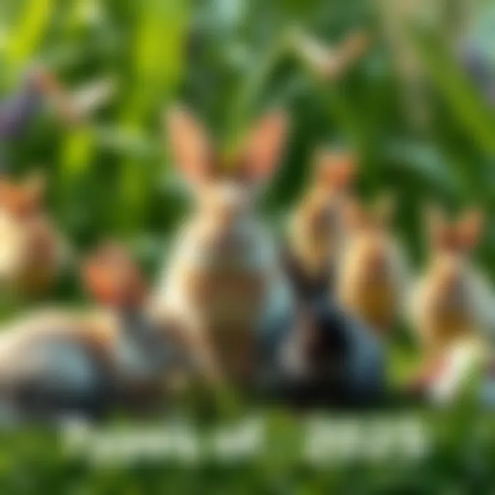 A variety of bunnies showcasing their unique fur and colors in a lush green setting, with some sitting and others hopping around.