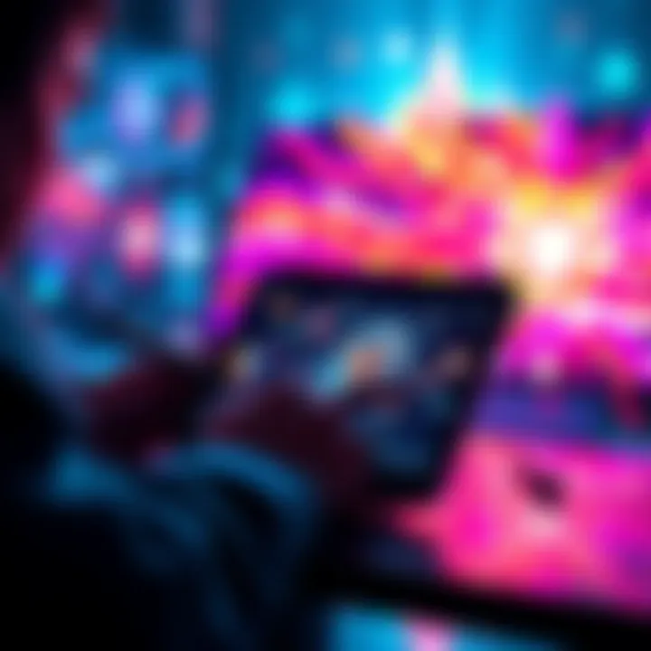 An artist using a tablet to create vibrant digital art, showcasing futuristic concepts and colors.