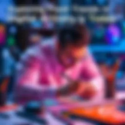 An artist creating digital artwork on a tablet, surrounded by vibrant colors and digital tools.