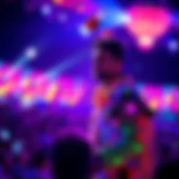 Digital Circus Performance A performer in a colorful digital circus outfit surrounded by vibrant lights and visuals, engaging with the audience.