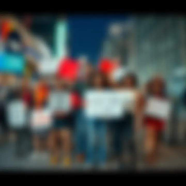 Digital Identity Advocacy A diverse group of people holding signs that support keeping digital identities, standing together with determination in an urban setting.