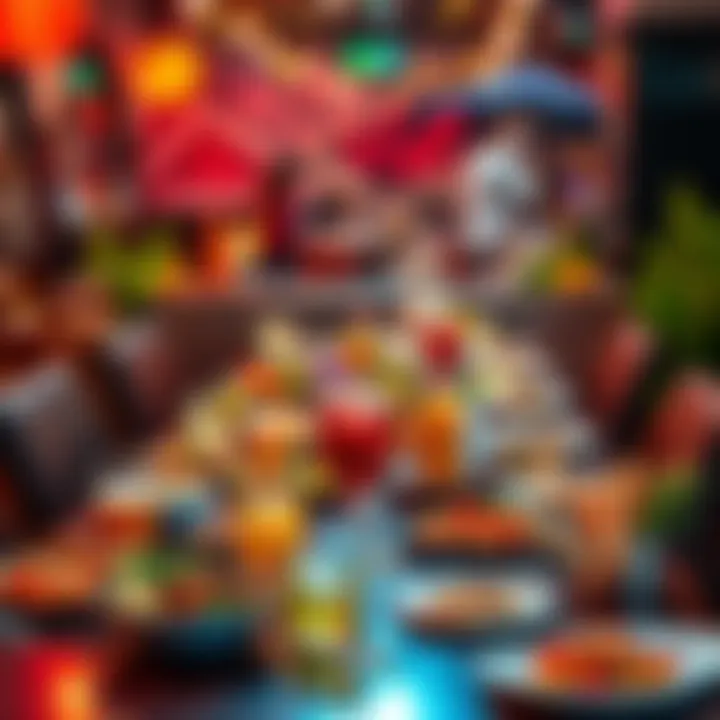 Dining Table Full of Dishes A vibrant dining table filled with a variety of colorful dishes and drinks, showcasing a delightful culinary experience