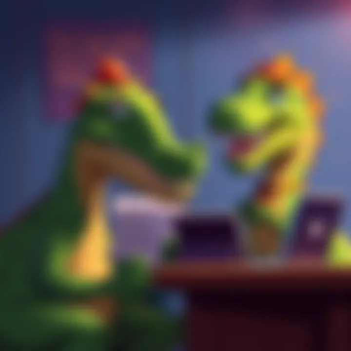 Cartoon dinosaurs reading and laughing at humorous posts on a forum about current events