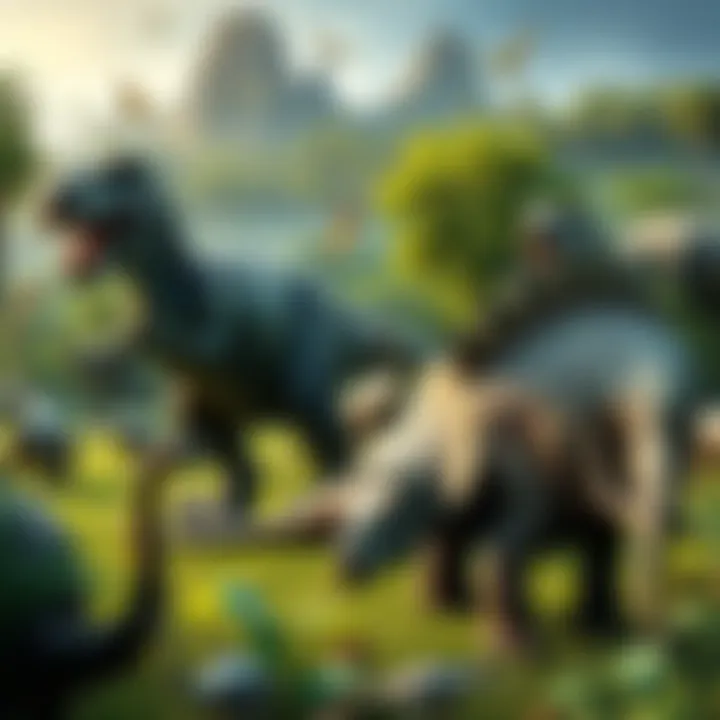 A variety of dinosaurs including a T-Rex and a Triceratops in a lush, green landscape, representing their diverse species and habitats.