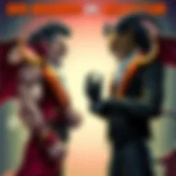 Dio Brando, a muscular vampire with a flamboyant outfit, confronts Alastor, a tall demon with a vintage suit and a wide grin, in an intense battle pose.