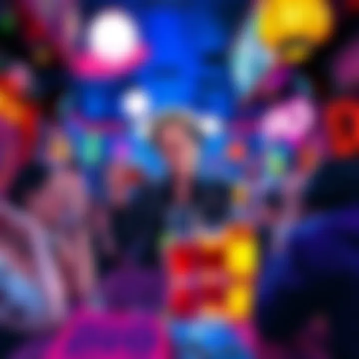 Dio enjoying a drink in a vibrant JoJo-themed bar with colorful decor and fans celebrating around him