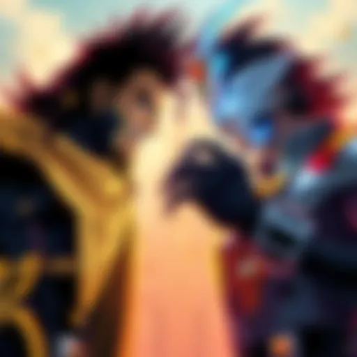 Dio and Jotaro facing each other with intense expressions, showcasing their unique abilities in a dramatic standoff, surrounded by a cityscape in the background.