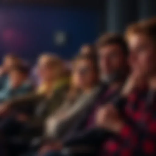 A group of moviegoers looking frustrated while watching a scene in a theater
