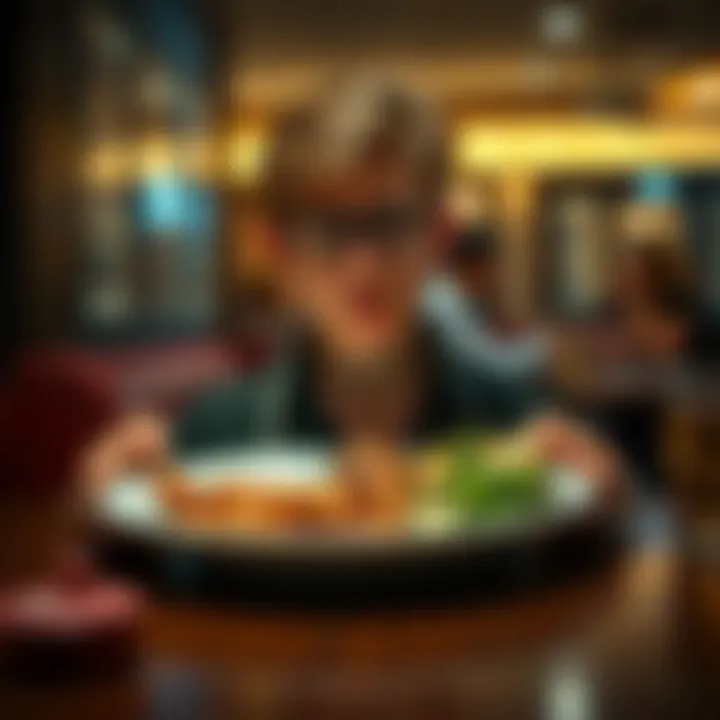 A frustrated person staring at a plate of unappetizing food in a restaurant setting