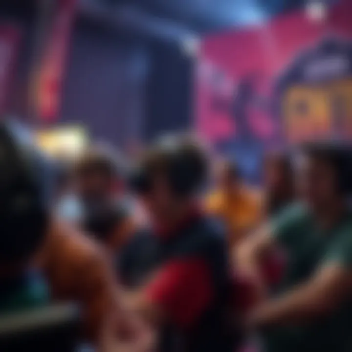 Disappointed gamers at anniversary event A group of gamers expressing frustration at an anniversary celebration for a popular game, with banners and game merchandise in the background.