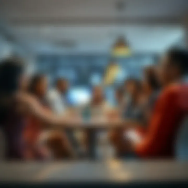 A group of diverse people engaging in a lively discussion about societal expectations of maids in a modern setting.