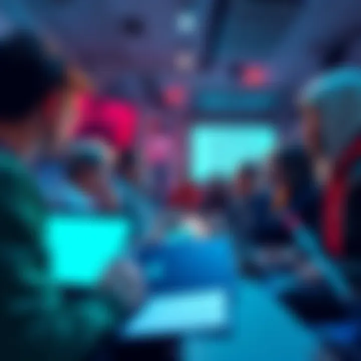A group of fans debating about the best and worst filler arcs in a lively forum setting, with laptops and notepads.