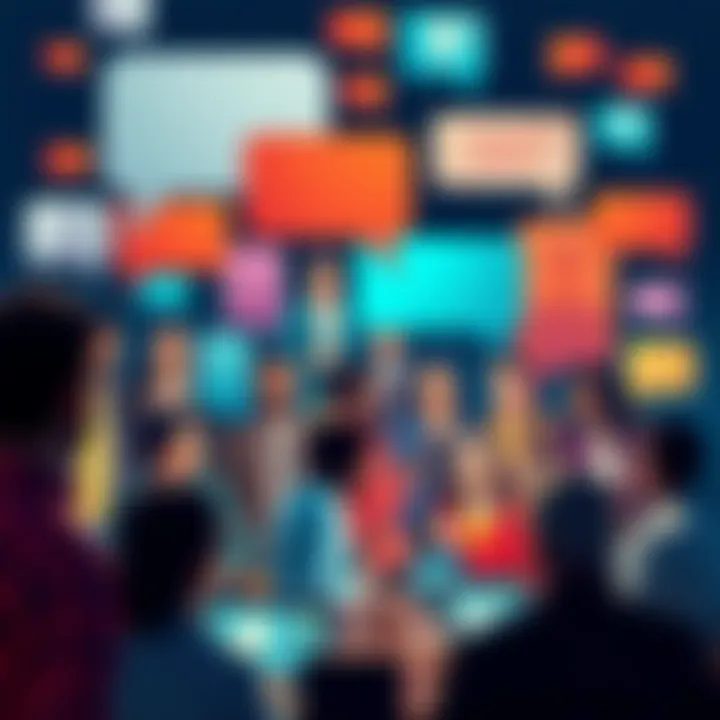 A digital collage showing chat bubbles and diverse people engaging in conversation online about various topics.