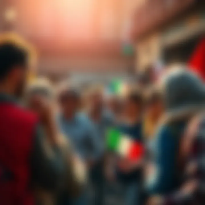 A group of people chatting enthusiastically about DC topics, with some showing Italian and European flags, creating a sense of community and cultural connection.