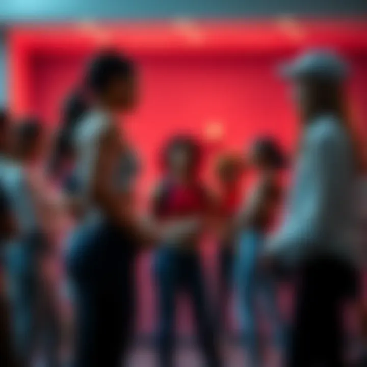 A group of people engaging in a discussion about body image and fitness standards, with a focus on waist proportions.