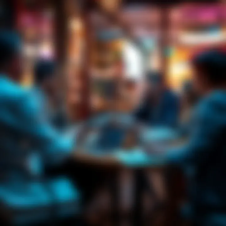 A group of people engaging in a thoughtful discussion about current affairs at a cafe, with various newspapers and digital devices on the table.