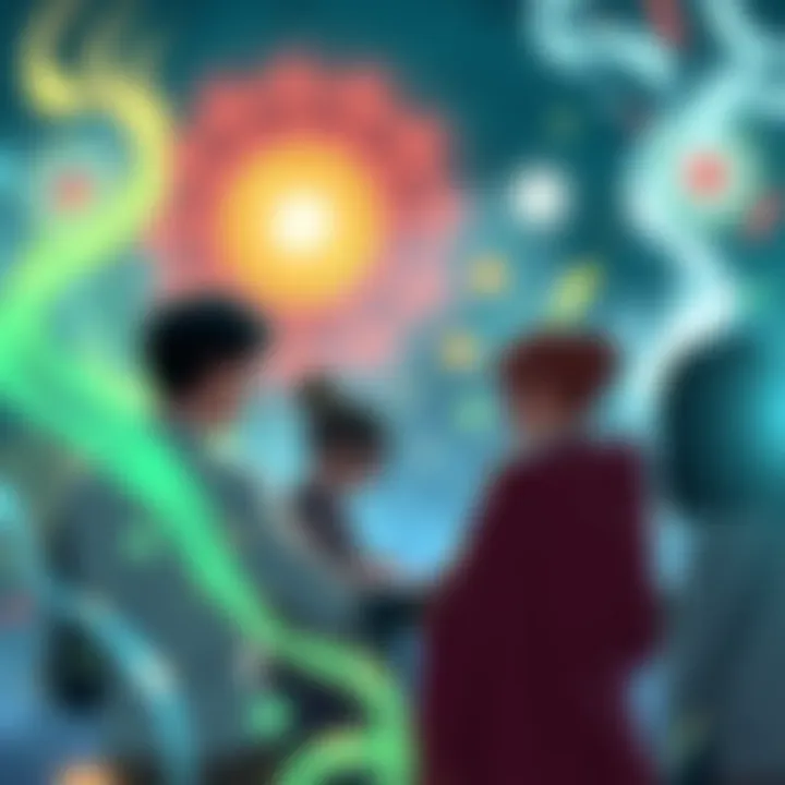 A group of people debating the merits of various magic systems, with visual elements representing Nen, Quirks, Ki, and Chakra in the background.