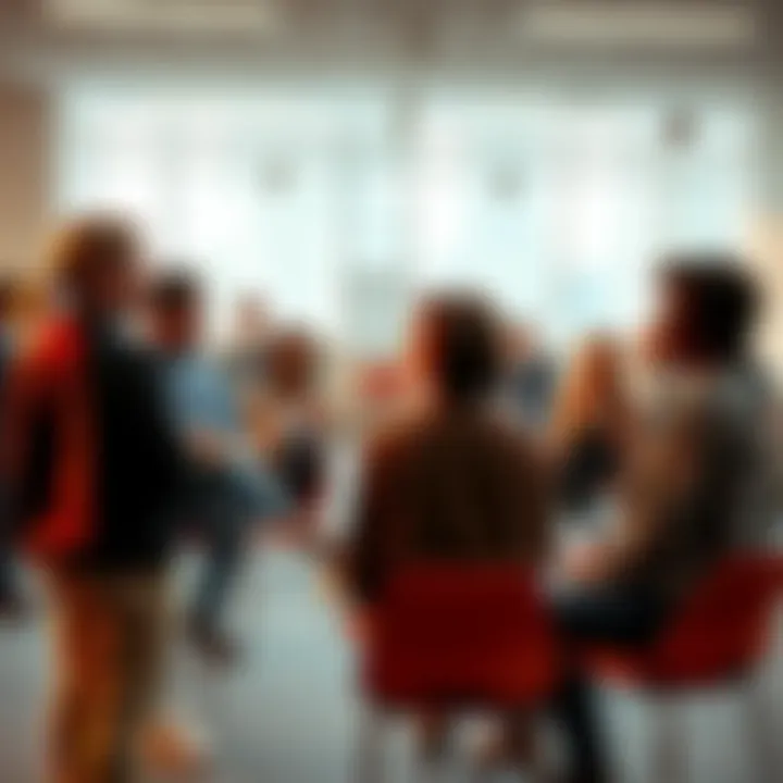 A group of diverse people engage in a lively discussion about accountability in a spacious room, sharing ideas and perspectives.