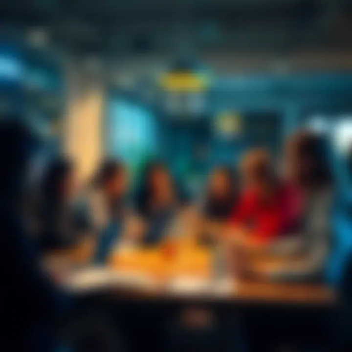 A group of people engaged in a lively conversation around a table, with notebooks and laptops open, sharing ideas and insights.