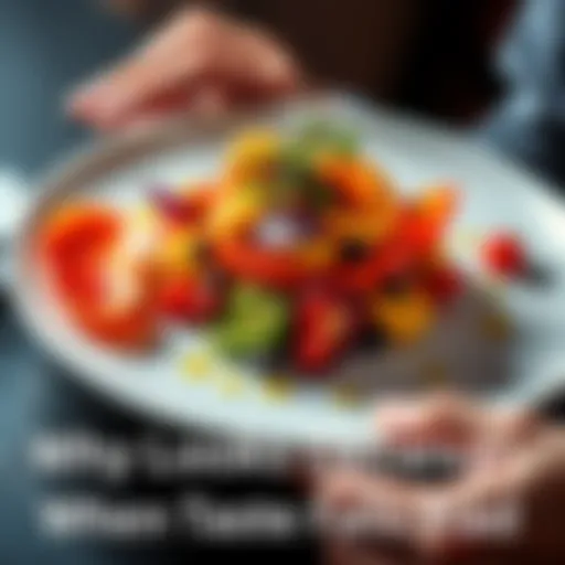 A colorful dish arranged artfully on a plate, looking appealing but with a disappointed expression from a person nearby indicating it tastes bland.