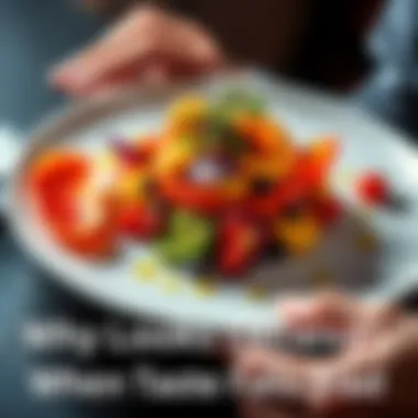 Dish with beautiful presentation A colorful dish arranged artfully on a plate, looking appealing but with a disappointed expression from a person nearby indicating it tastes bland.