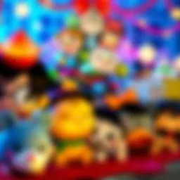 Colorful Tsum Tsum characters from Disney and Detective Conan together in a festive setting