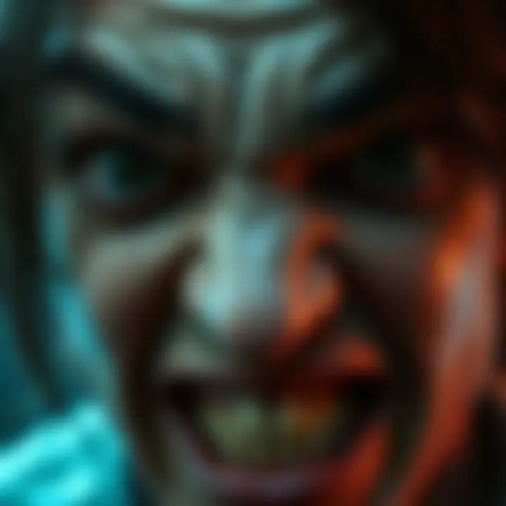 A close-up of a face making an unsettling and exaggerated expression that conveys discomfort and horror.