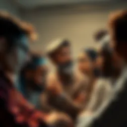 A diverse group of people engaged in a serious discussion, with varied expressions reflecting deep thought about human nature.