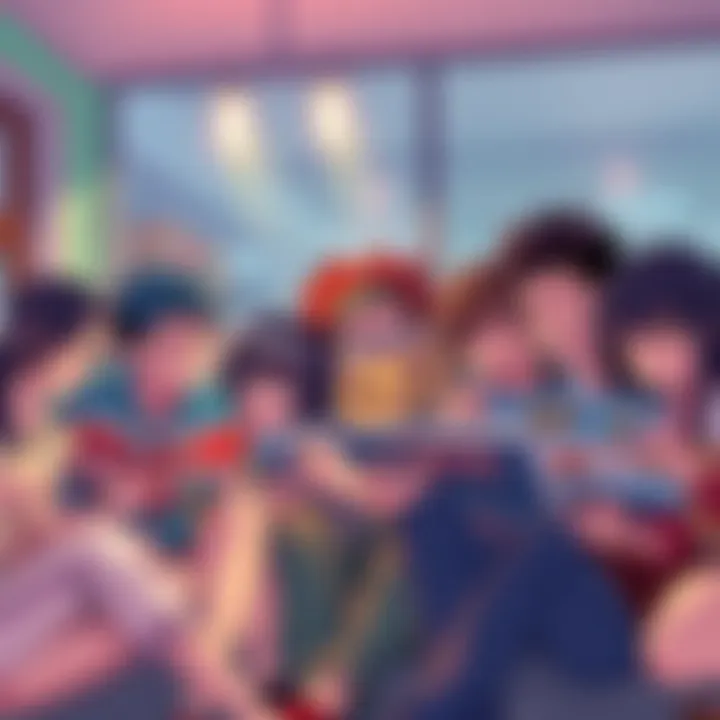 A diverse group of young adults and teens reading shonen manga together in a cozy setting