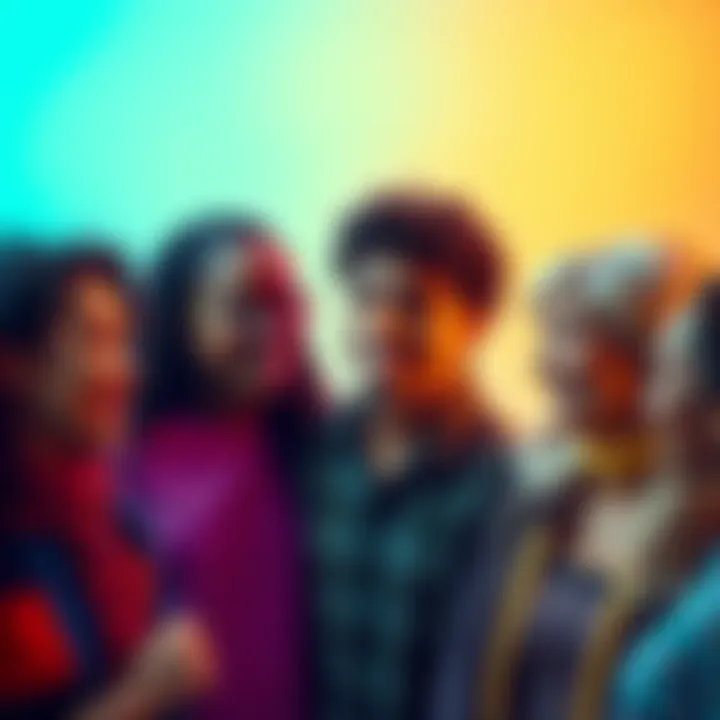 A colorful group of diverse people representing different a-spec identities, smiling and engaging in a conversation about inclusivity and representation.