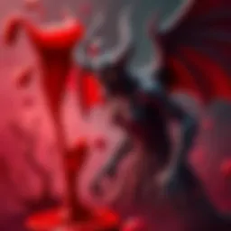 An artistic depiction of a Divine Demon beside a representation of period blood, symbolizing the potential risks of their interaction.