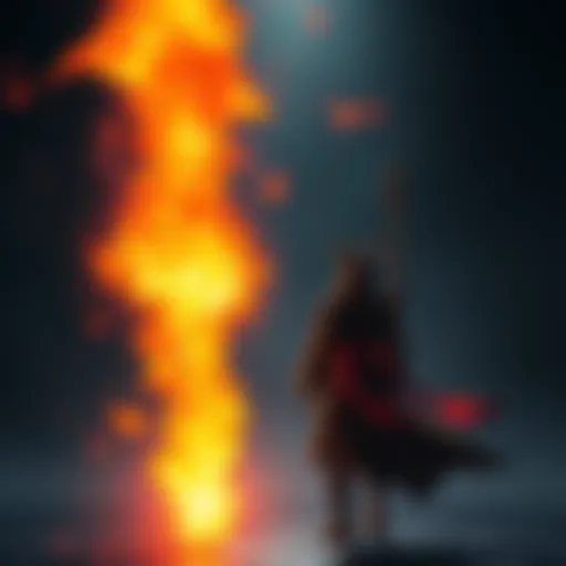 A fiery energy attack aimed at a shadowy figure representing Gojo in a dark, mystical space