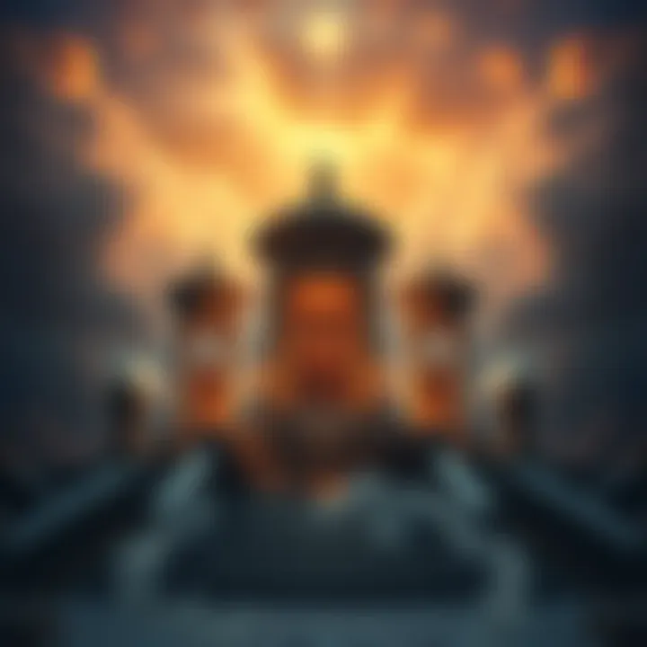 A collection of ancient relics on a pedestal surrounded by dark clouds, symbolizing the absence of gods, with a faint light shining down.