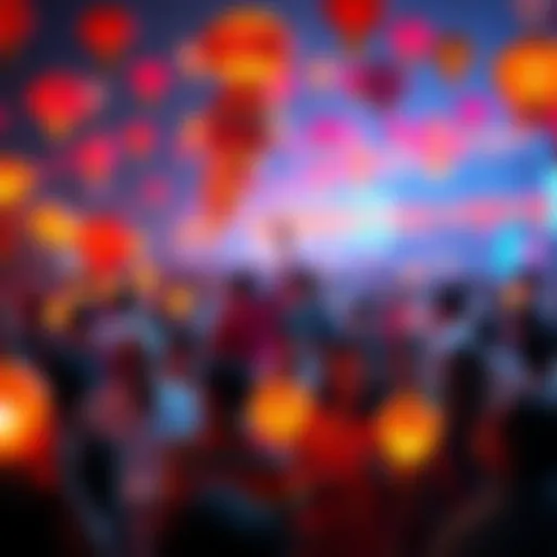 A vibrant scene of people celebrating Diwali, surrounded by colorful lanterns and lights, expressing joy and unity.