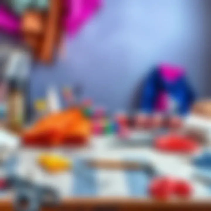 A table with various craft materials for creating DIY cosplay outfits, including fabric, scissors, and paint tools.