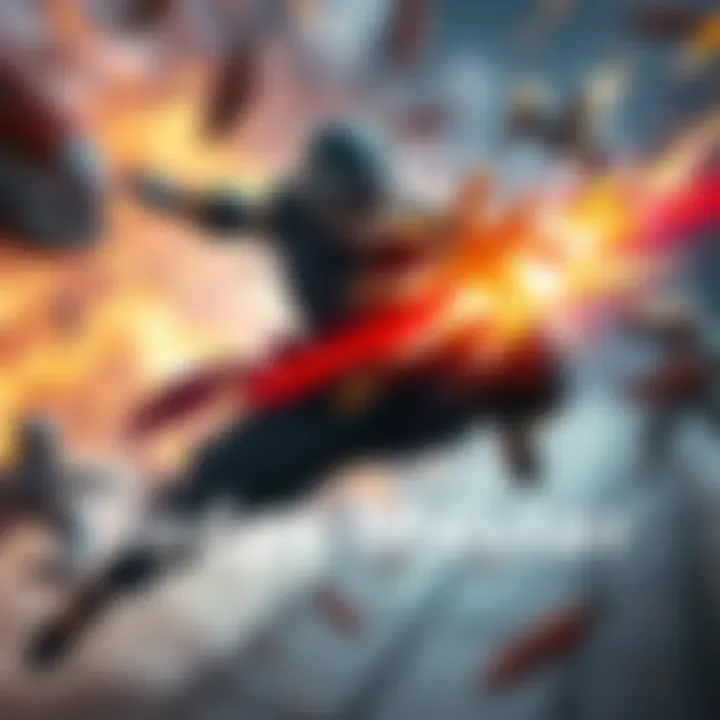 DFE Dabura showcasing his ability to dodge attacks, surrounded by a dynamic battle environment