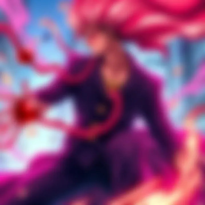 Doflamingo displays his powers with the string-string fruit, surrounded by vibrant colors and dynamic energy, showcasing his villainous presence.