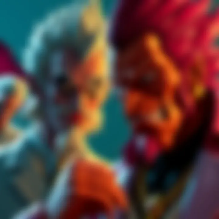 A scene showing Doflamingo with a confident expression, contrasting with Trebol looking frustrated. The background highlights their different personalities and public perceptions.
