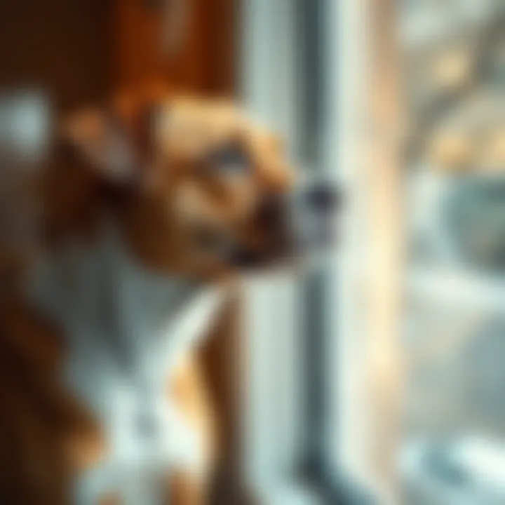 A brown and white dog gazing out a window, appearing curious and thoughtful about the world outside