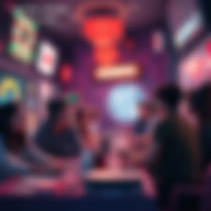 A group of people participating in a lively discussion at the Doki Doki Atlas Club, surrounded by gaming merchandise and decorations.