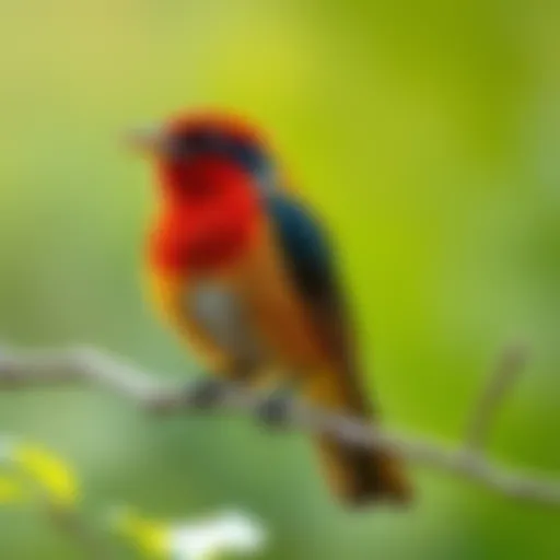 A Dokibird perched on a branch, displaying its wings and tail feathers to communicate