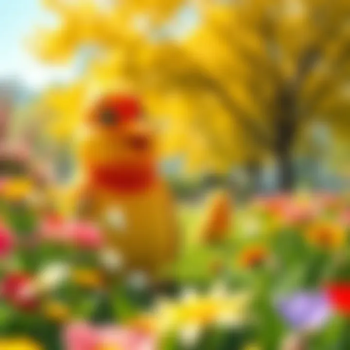 Dokibird sitting in a park, smiling and surrounded by colorful flowers