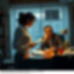 A strong woman stands in front of a desk, confronting a writer with a notepad, suggesting changes to a story's ending.