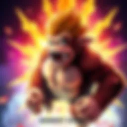 Donkey Kong in a powerful SSJ4 state, surrounded by energy waves and bright colors, showcasing his muscular form with spiky hair and a fierce expression.