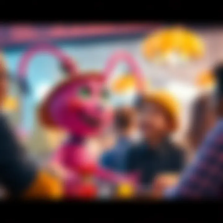 A playful character named Donquixote Peter, depicted as a pink spider with a charming smile, engaging with friends in a colorful setting.