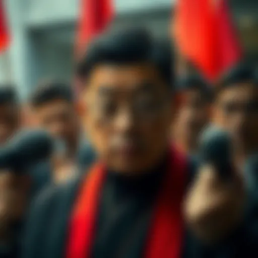 Doppo in Defense Doppo stands firm with a serious expression, surrounded by people questioning him about his actions, highlighting the tension in the air.