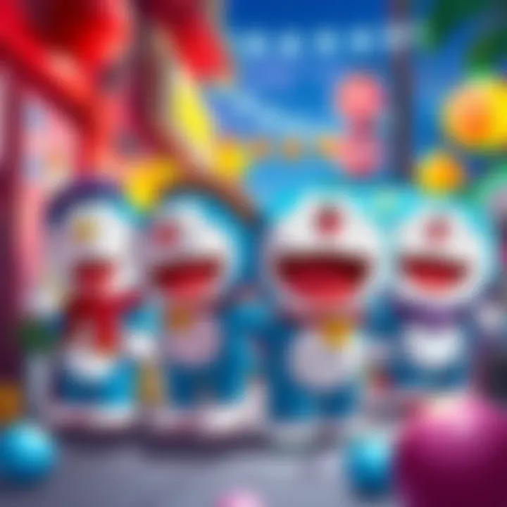 Colorful illustration of Doraemon and his friends showcasing their unique traits in a lively setting