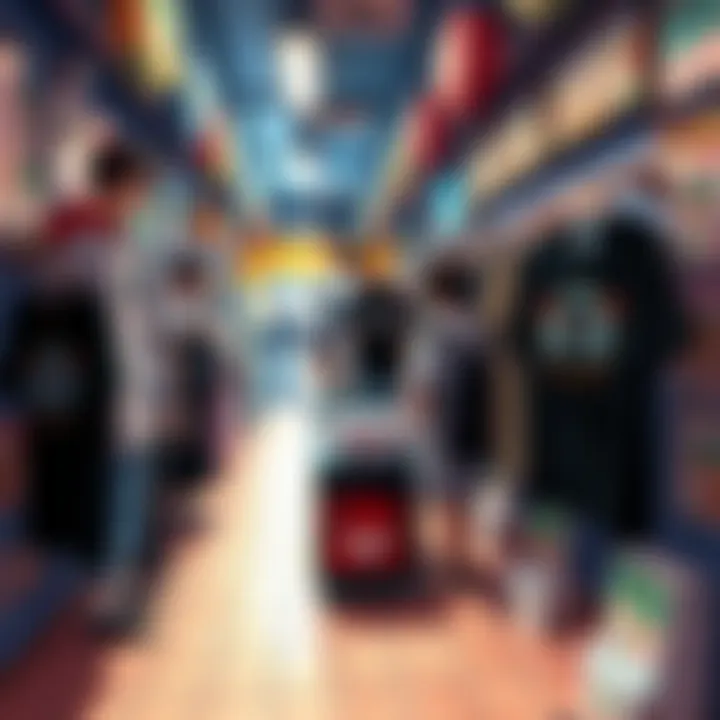 A variety of Dorehedoro T-shirts and stickers arranged at 2D Cospa in Akihabara, attracting fans of the series.