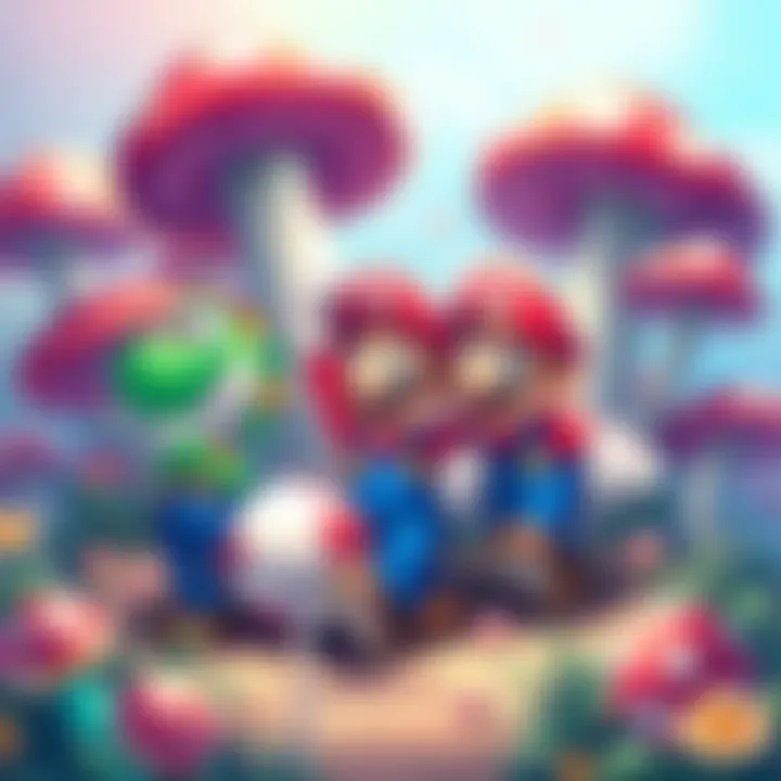 A colorful illustration showing Dorohedoro's characters alongside Super Mario in a whimsical setting filled with mushrooms and fantasy elements.